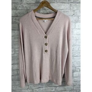 J. Jill Pink Waffle Knit Sweater V Neck Henley Popover Accent Buttons Size Large